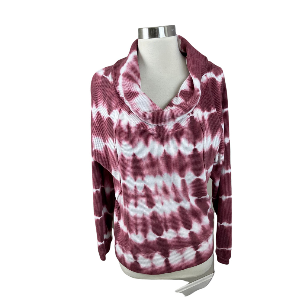 Anthropologie Pilcro M Angie Waffle Thermal Top Wine Red Tie Dye Cowl Neck